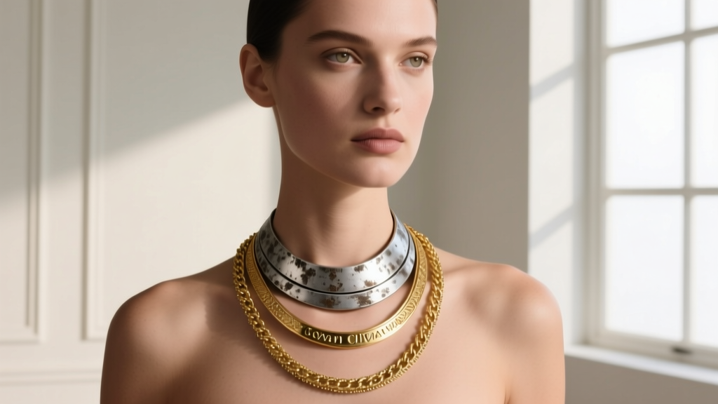 Model wearing three layered Conan Olivia necklaces of varying lengths, showing oxidized silver and gold vermeil chain textures