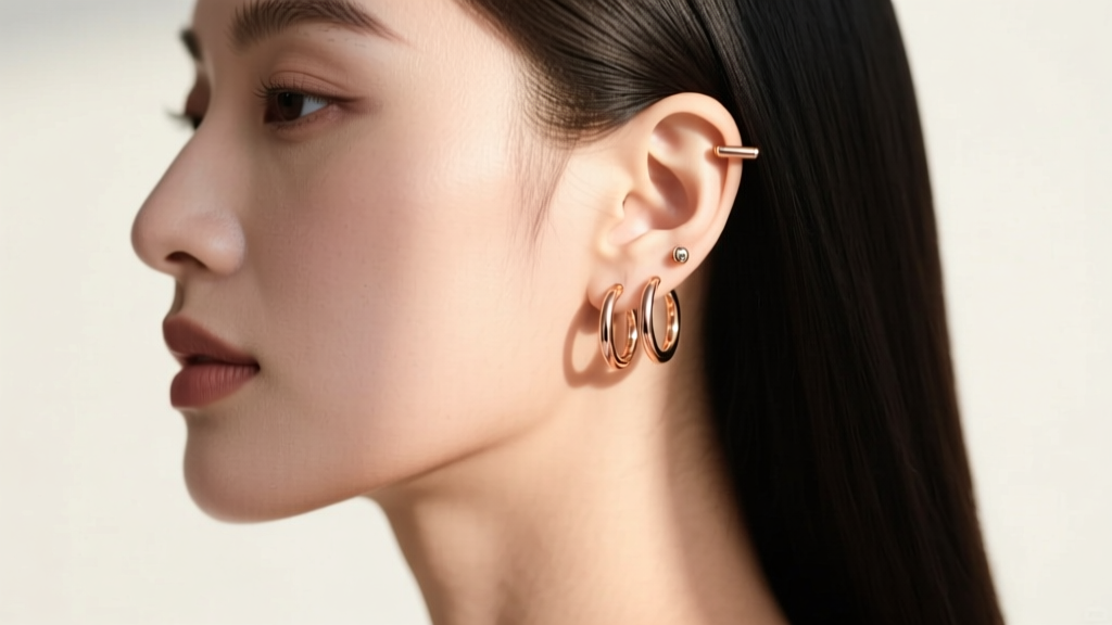 Side profile of ear styled with three 16g rose gold open circle earrings in helix, flat, and conch piercings, natural sunlight