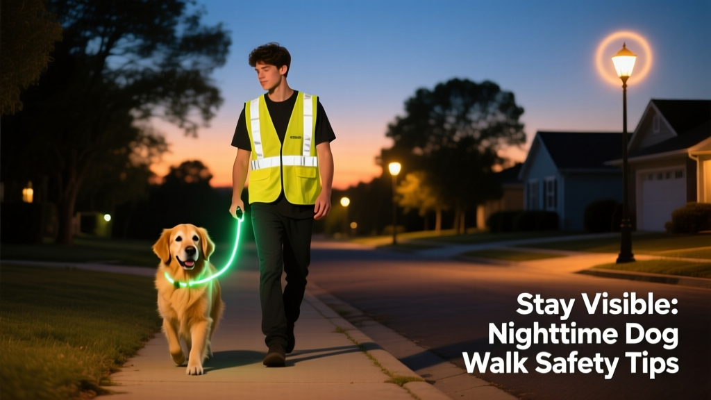 Person walking a dog at dusk wearing reflective gear and holding an illuminated leash