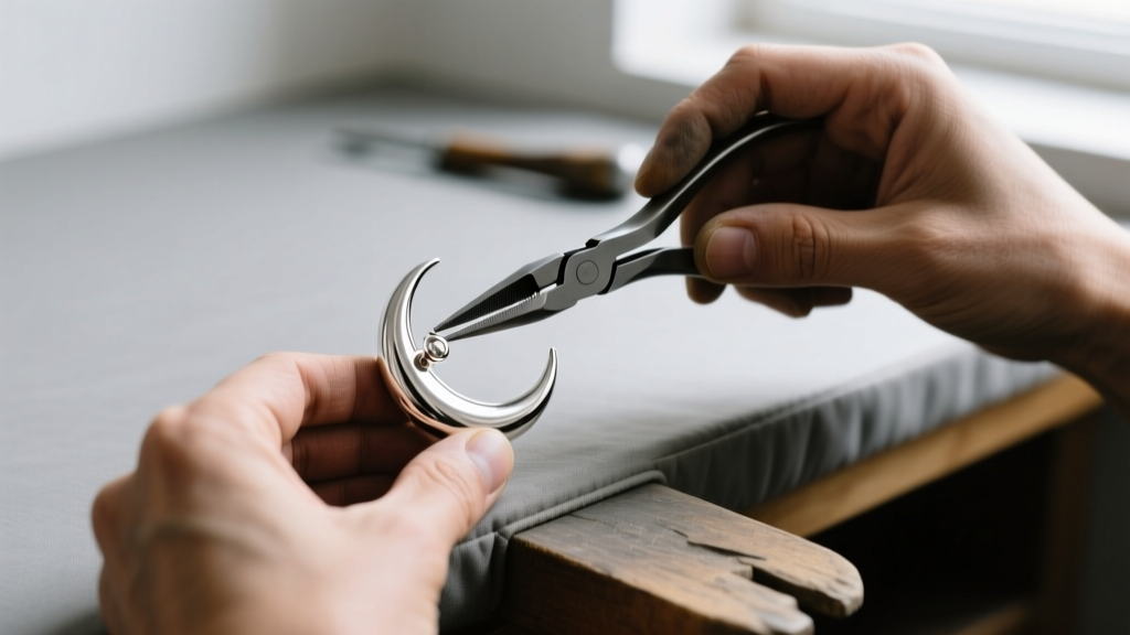Jeweler using nylon pliers to reshape a bent 20-gauge sterling silver full moon earring post on a padded workbench