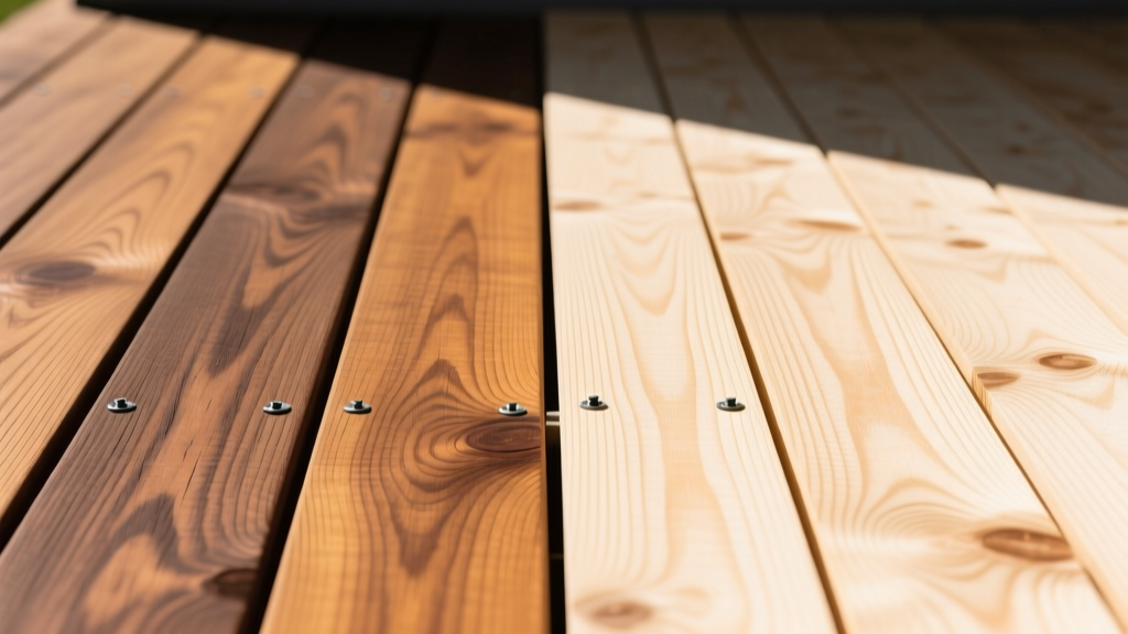 Weathered ipe hardwood deck boards next to fresh pressure-treated pine showing contrasting wood grains and hidden fasteners