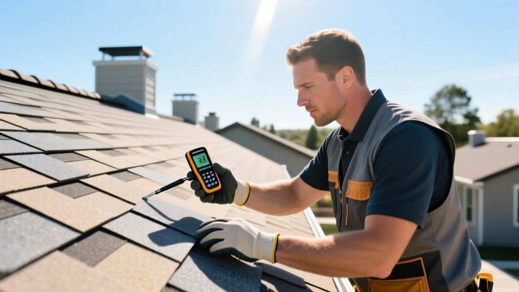 Roofer inspecting lightweight synthetic polymer shingles for thermal cracking on a sunny residential roof using a digital moisture meter