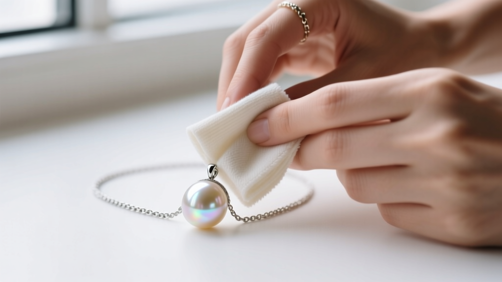Hands gently wiping a delicate freshwater pearl pendant with a soft microfiber cloth, avoiding the sterling silver chain links