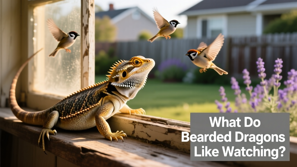 Bearded dragon perched on a window sill, watching birds outside