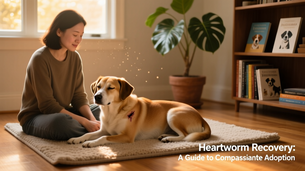 Adopter sitting quietly beside their calm, recovering dog on a cozy indoor mat