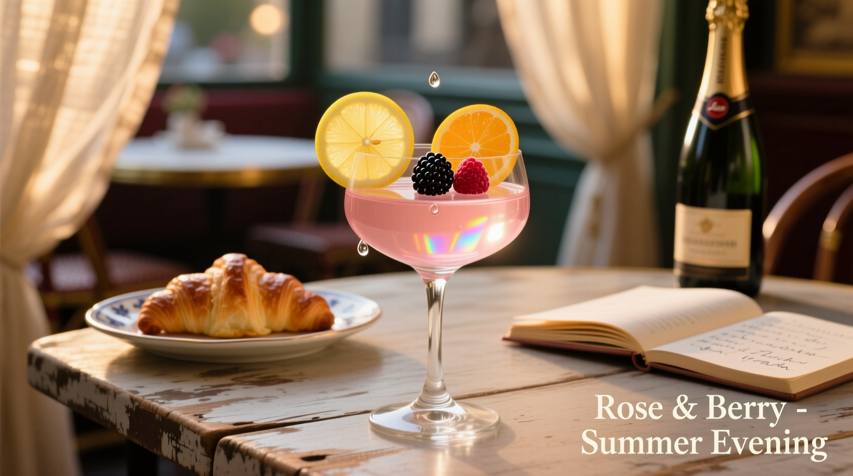 Glass of pale rose wine with citrus and berry garnish