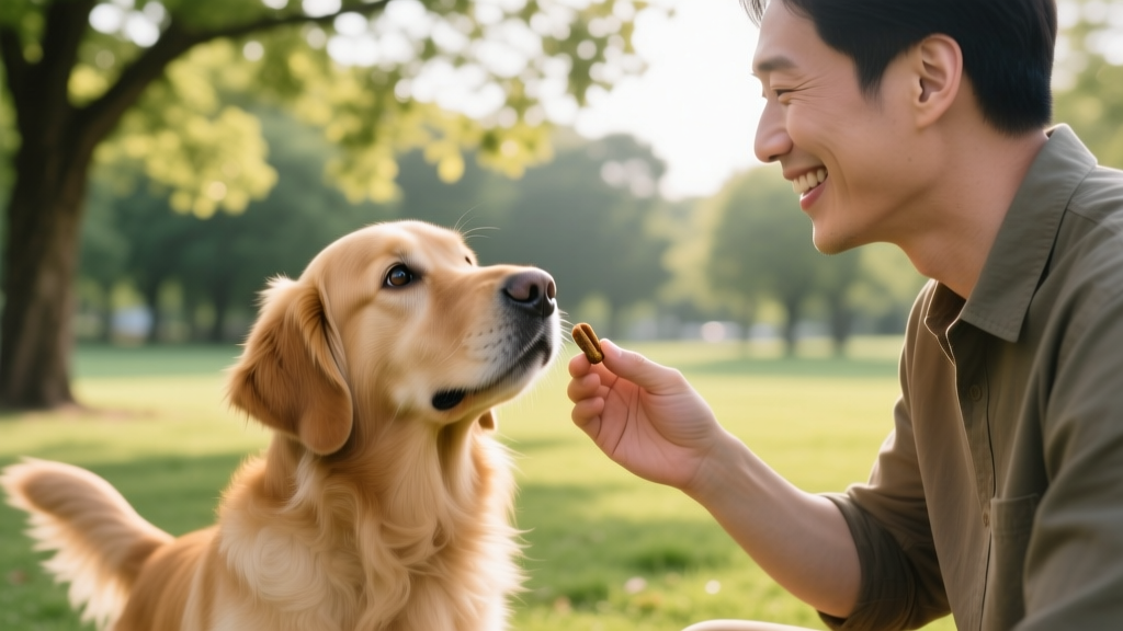 A smiling dog owner gently holding a treat near their chest while their dog looks up attentively, symbolizing trust and positive connection in behavior modification