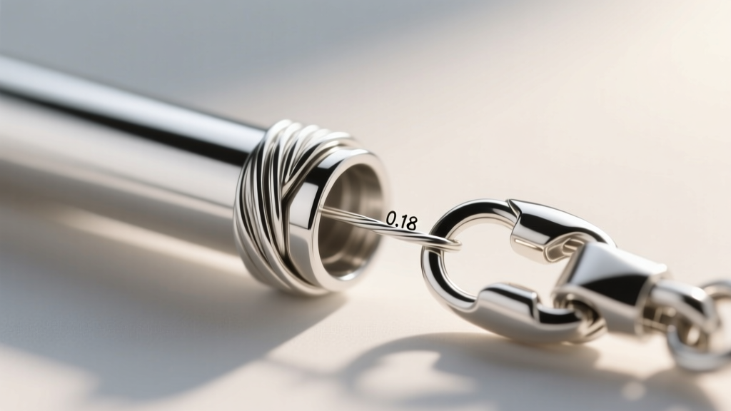 Macro view of a crimped sterling silver tube securing a .018-inch wire loop and lobster clasp, showing clean folded metal edges.