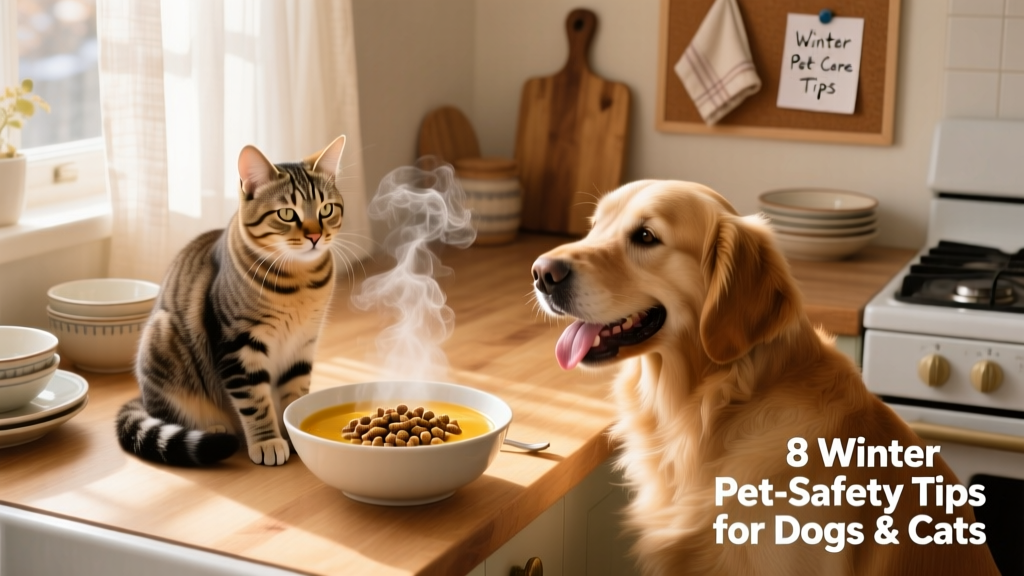 A steaming bowl of kibble mixed with warm broth, placed beside a content cat and a happy dog at a sunlit kitchen counter