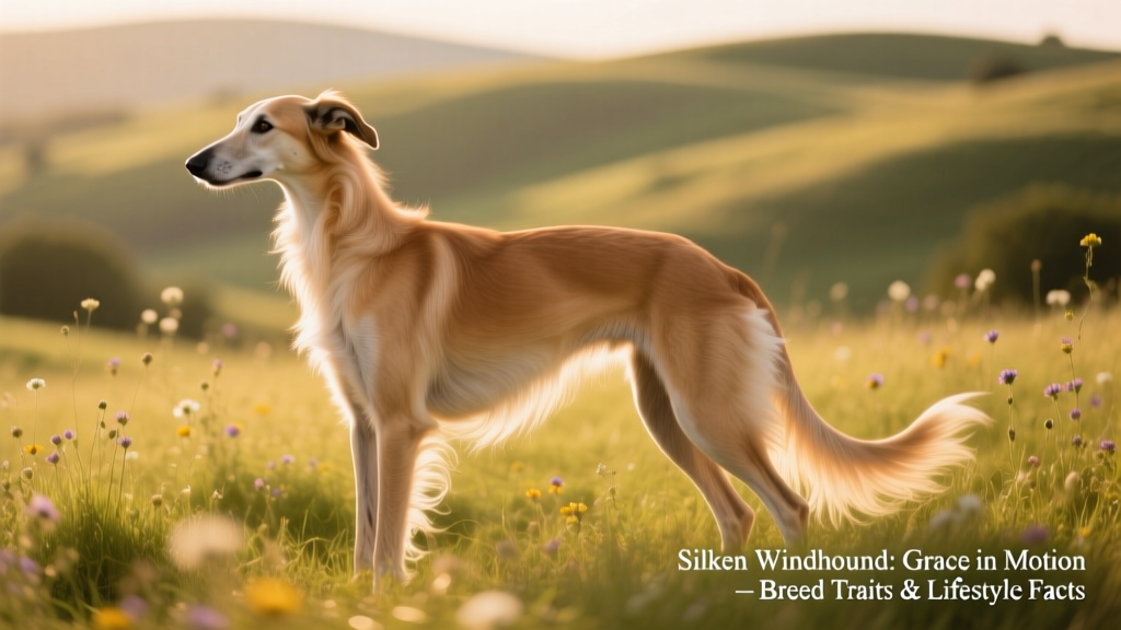 A sleek, tan Silken Windhound standing alert in a sunlit grassy field, showcasing its fine bone structure and flowing coat