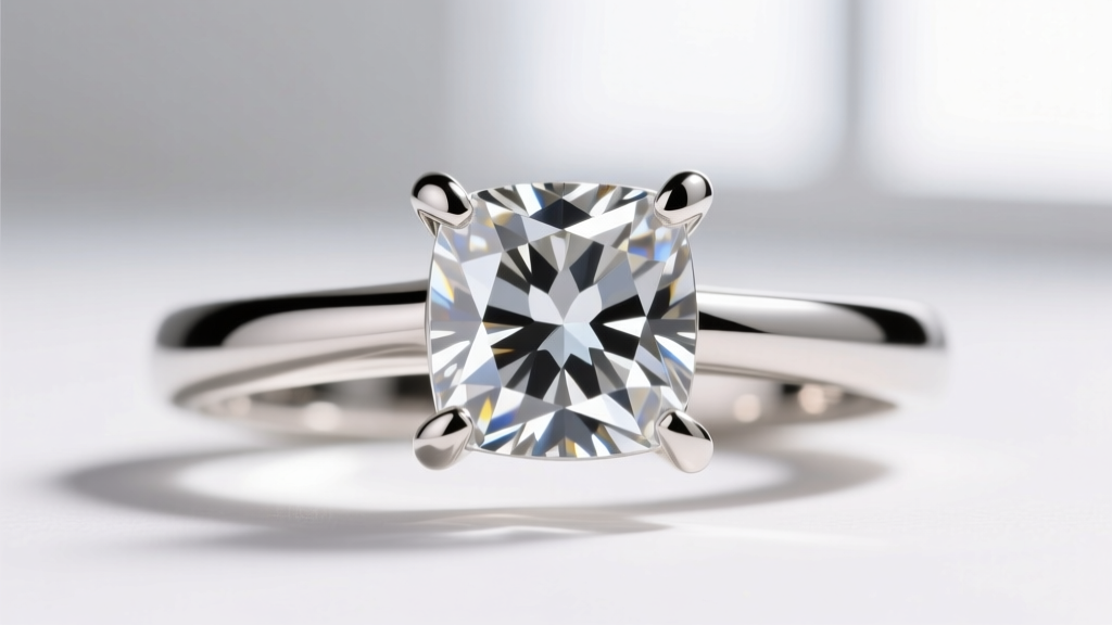 Four-prong platinum bezel setting securing a square cushion cut diamond, showing the metal rim protecting the pointed gem corners.