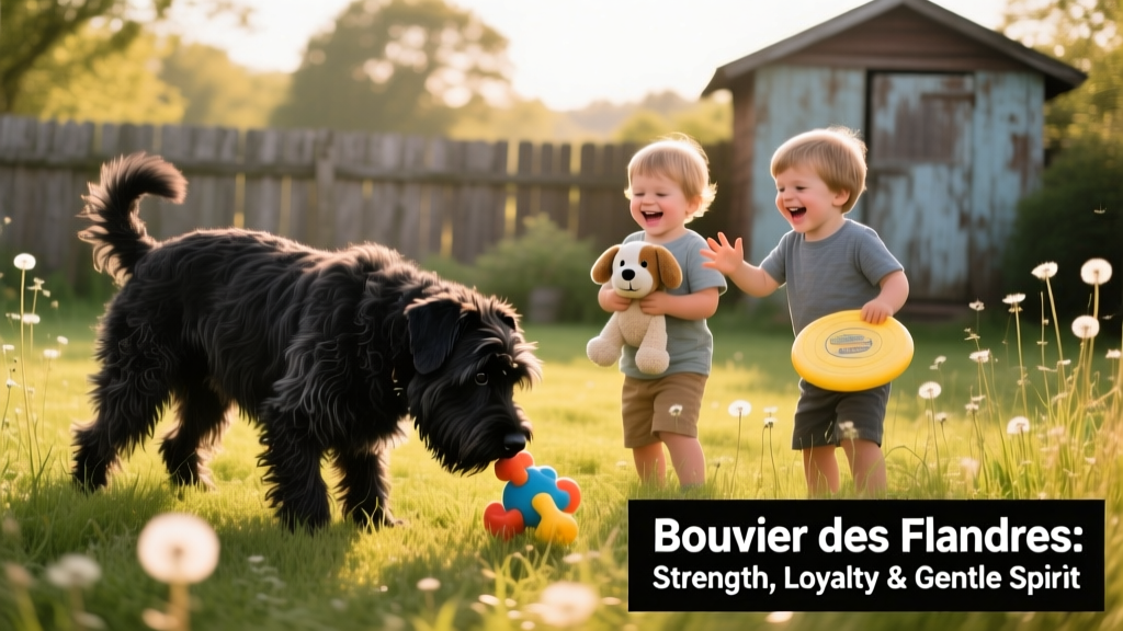 A Bouvier des Flandres playing gently with children in a grassy backyard