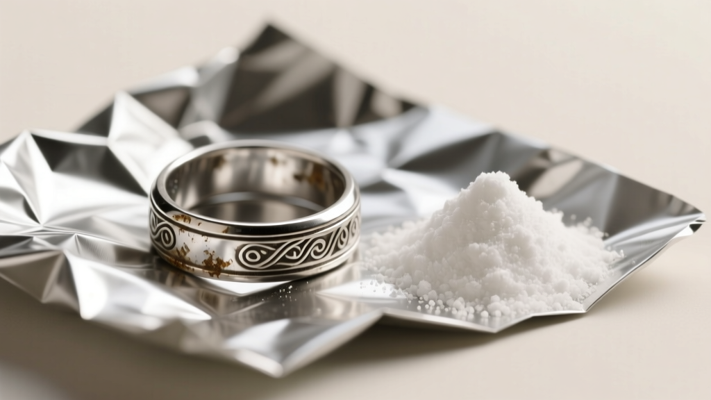 Tarnished silver ring on crumpled aluminum foil next to a small pile of white baking soda powder under soft studio lighting.