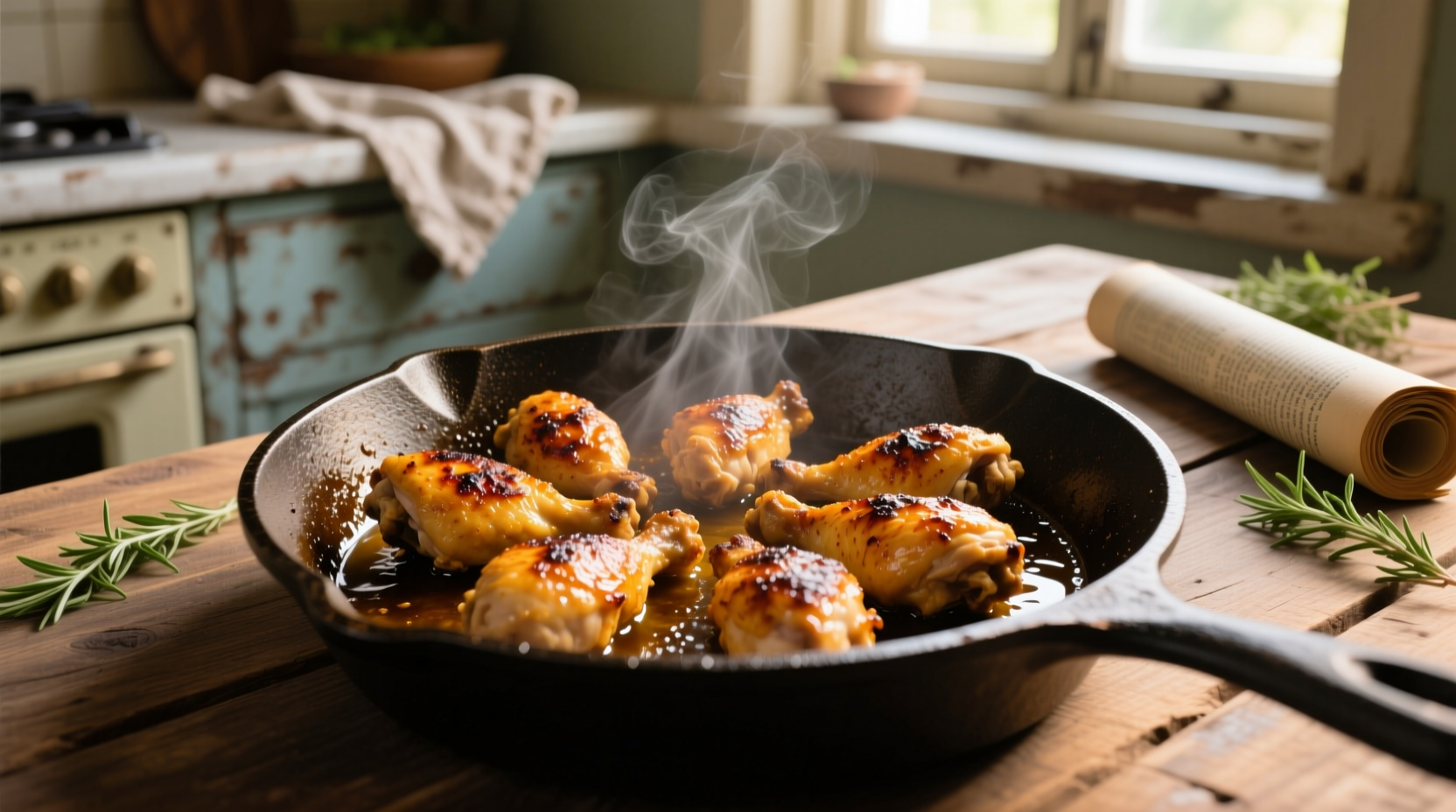 Perfectly seared chicken pieces in cast iron pan