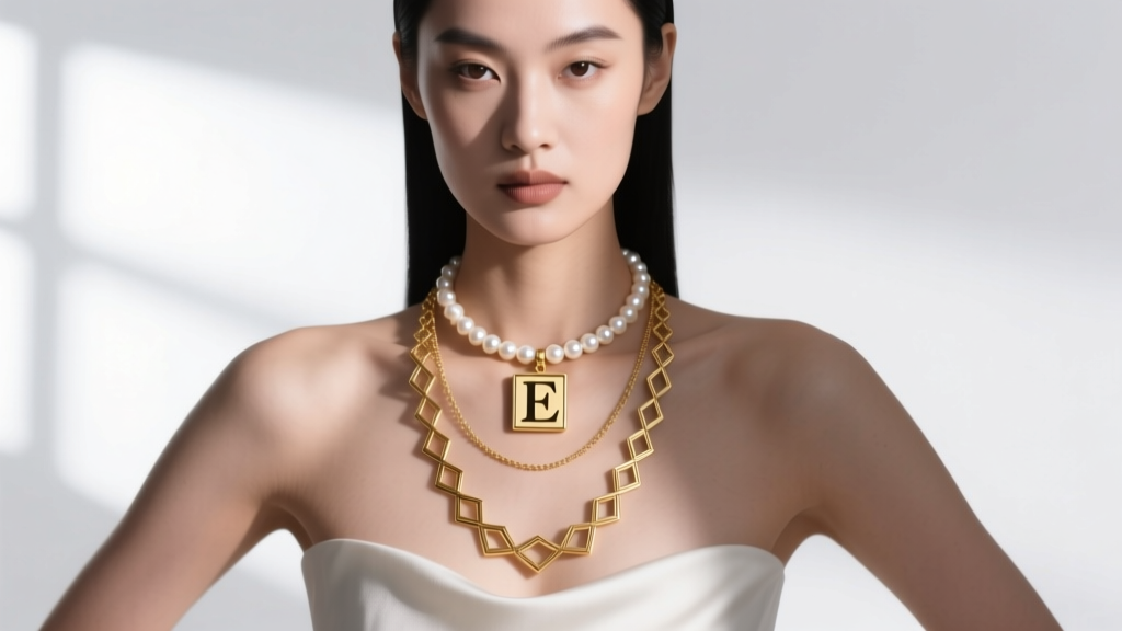 Model wearing a layered stack with a 14-inch pearl choker, a 16-inch square gold initial necklace, and an 18-inch gold lariat.