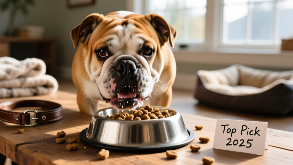 Close-up of an English Bulldog happily eating from a stainless-steel bowl with high-quality kibble