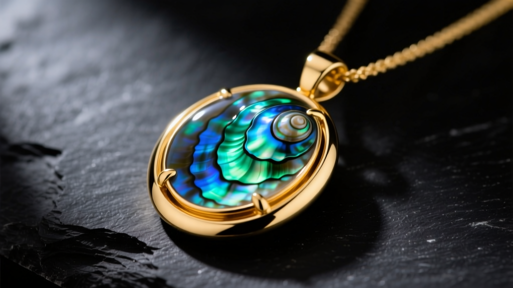 Polished abalone shell pendant in a thick 14k yellow gold bezel on dark slate, showing vibrant blue and green iridescence.