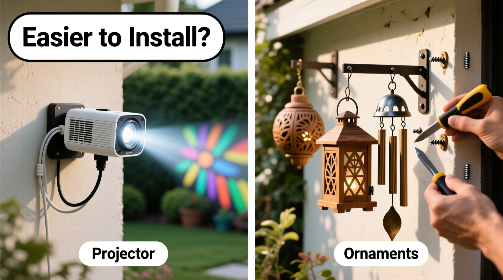 outdoor projector lights vs physical ornaments which is easier to install