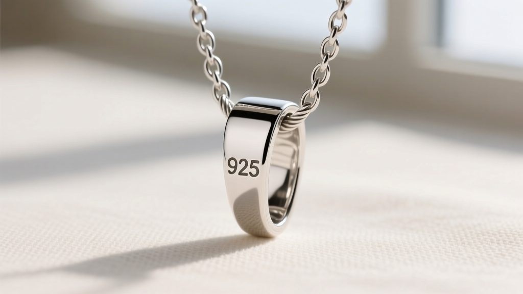 Macro photo of a sterling silver Ahava pendant bail showing the 925 hallmark and a sturdy 1.2mm cable chain attachment point.