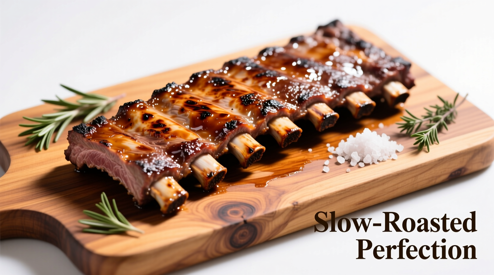 Perfectly cooked beef back ribs on a wooden cutting board