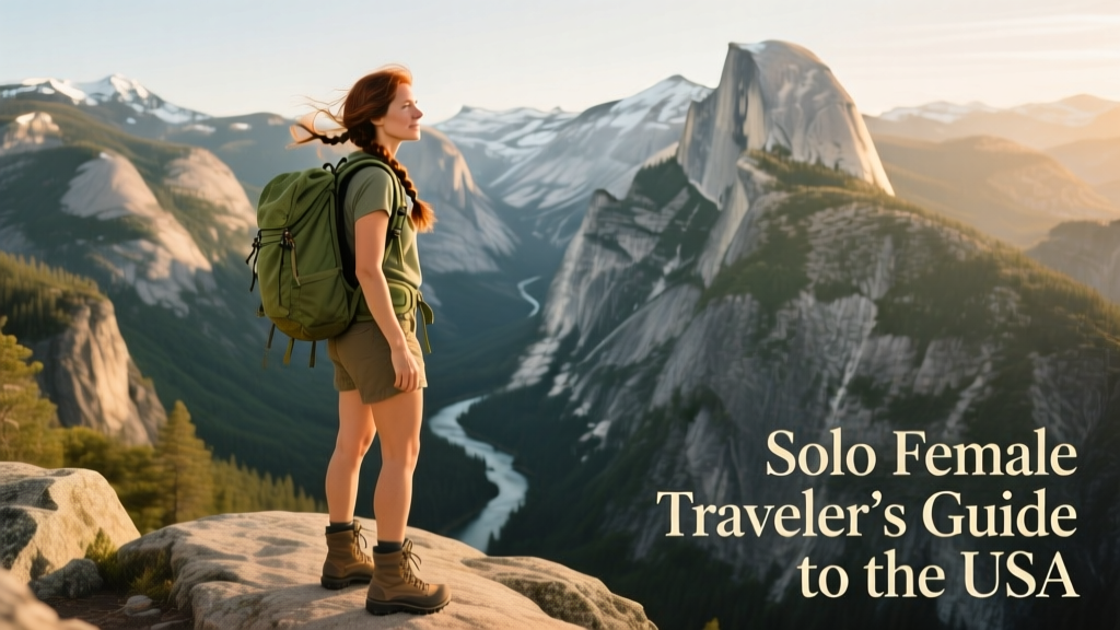 A solo female traveler standing confidently on a scenic overlook in Yosemite National Park, backpack on, panoramic mountain view behind her