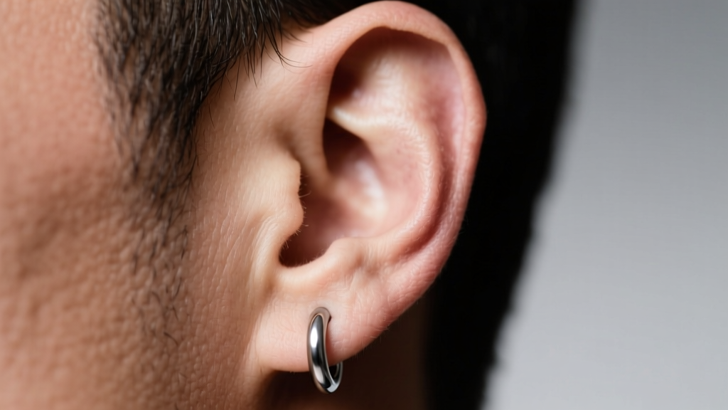 Close-up of a mans earlobe wearing a 10mm titanium huggie hoop, highlighting the snug fit against thick tissue in studio lighting