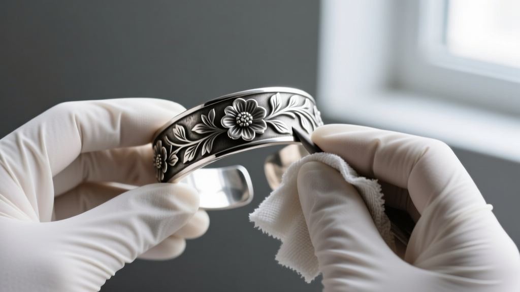Nitrile-gloved hands polishing the raised floral details of an oxidized silver cuff bracelet with a soft, dry microfiber cloth.