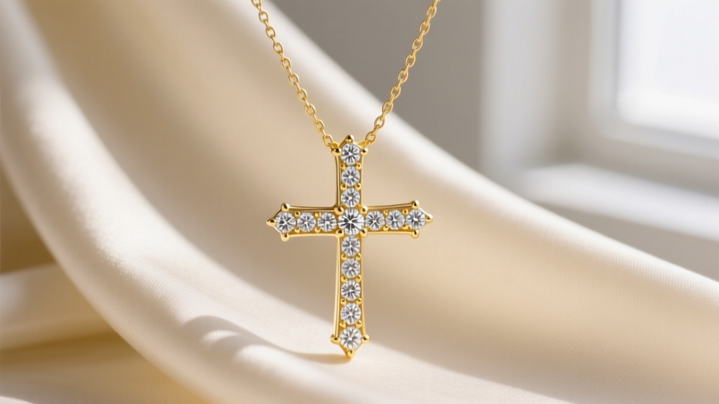 14k yellow gold dainty diamond cross necklace on cream silk, showing 0.25ctw prong-set melee stones in soft natural window light