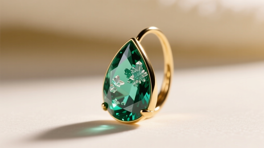 Close-up of an emerald drop earring showing natural inclusions, lit by directional light against a softly blurred cream backdrop