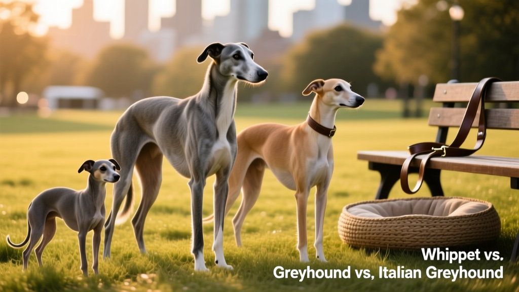 Three sighthounds standing side by side: a large Greyhound, medium Whippet, and small Italian Greyhound, highlighting their proportional differences