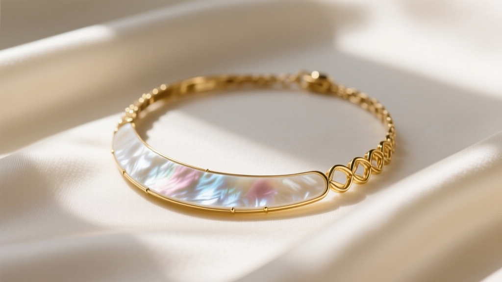 Close-up of a 14k gold mother of pearl necklace on cream silk, soft window light highlighting the nacre iridescence.