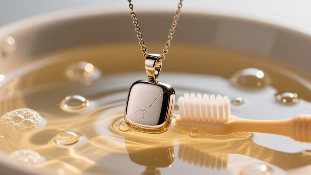 Titanium pendant necklace submerged in warm soapy water, gently brushed with a soft baby toothbrush under bright studio lighting.