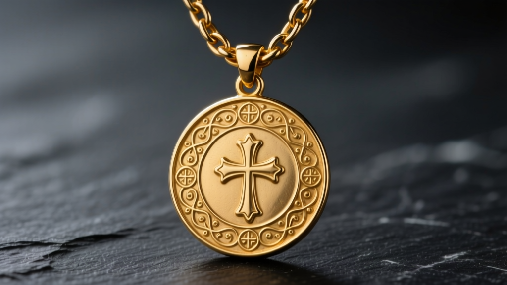 Macro shot of a vintage San Benito gold medallion pendant on a thick Franco chain, displayed against a dark slate background.