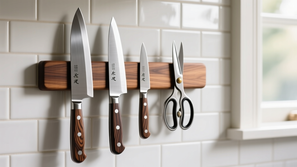 Walnut magnetic knife strip mounted on a white subway tile backsplash holding three Japanese steel chef knives and kitchen shears