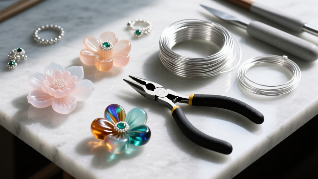Top-down view of a jewelry desk with bio-resin molds, Argentium silver wire, and nylon jaw pliers in soft light.
