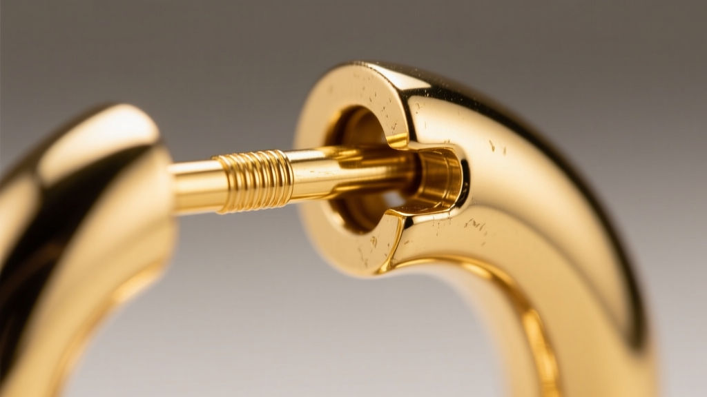 Close-up of the internal pin and groove mechanism of a 16-gauge gold huggie earring clasp securing tightly into the opposite end.