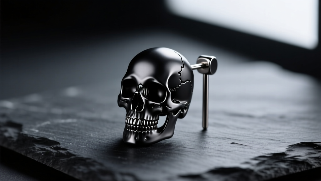 Macro shot of a matte black titanium skull earring on dark slate, showing cranial sutures and a 16g post in moody light