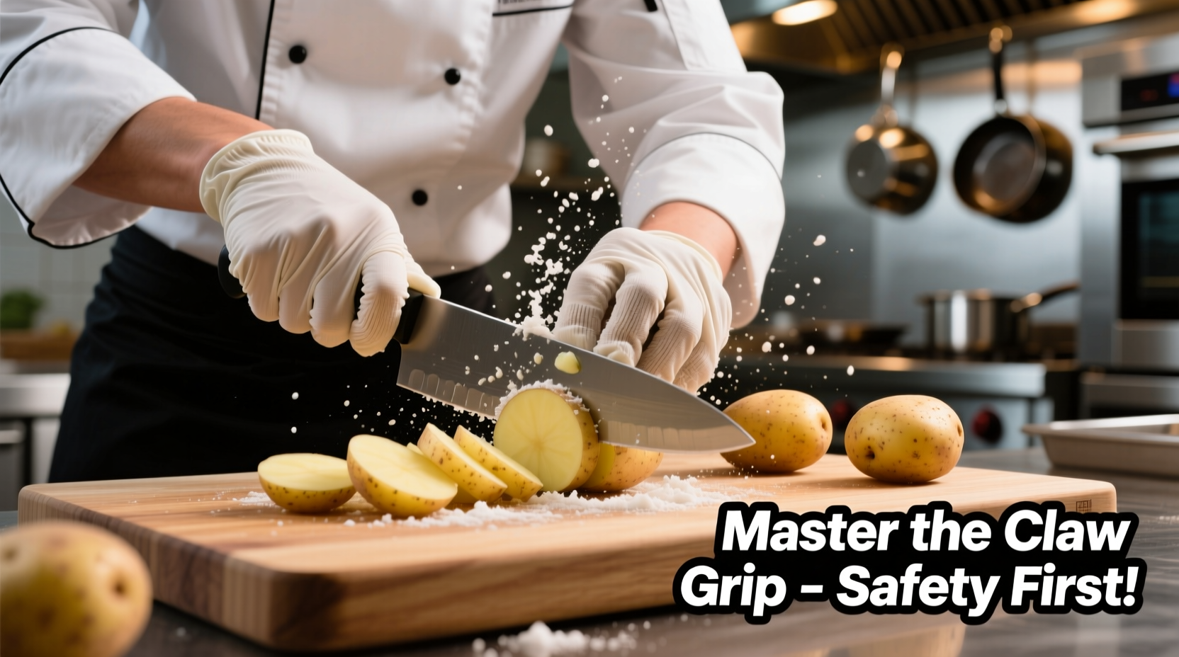 Chef demonstrating proper claw grip while chopping potatoes