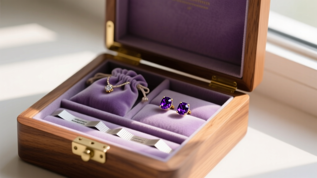 Wooden jewelry box containing anti-tarnish strips, velvet pouches, and deep purple sapphire stud earrings in soft light