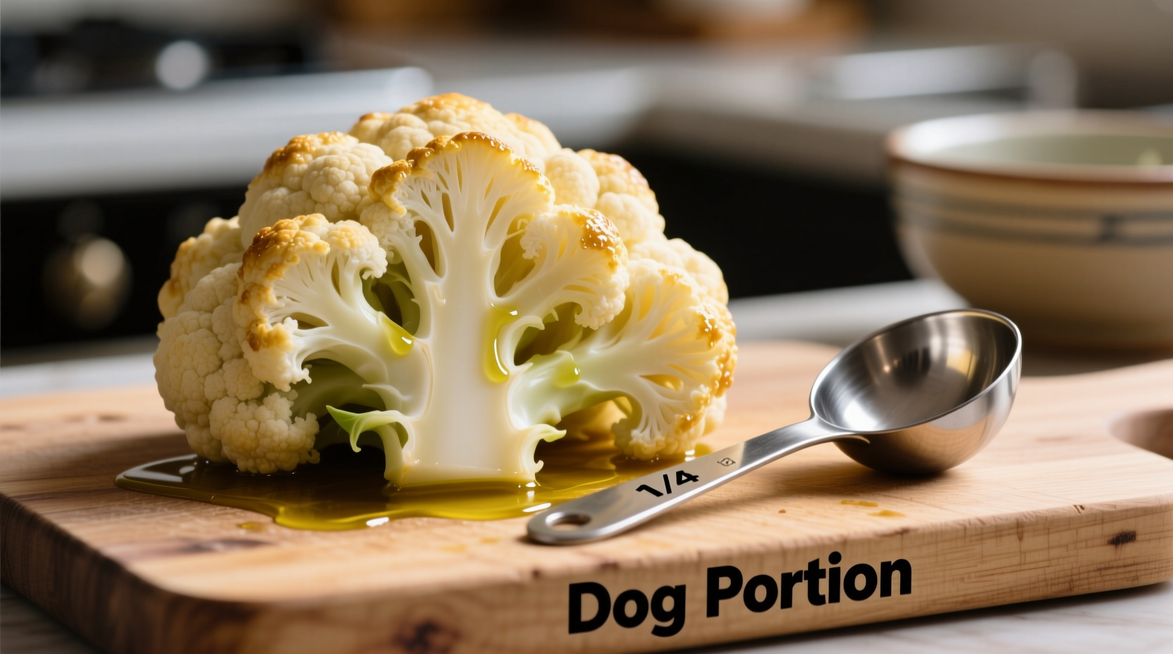 Cooked cauliflower florets next to measuring spoon for dog portions