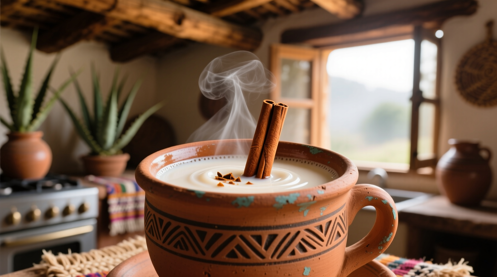 Traditional horchata served in clay cup with cinnamon stick