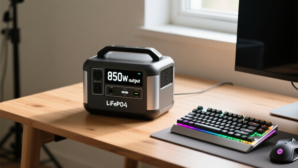 LiFePO4 portable power station LCD showing 850W output on a wooden desk next to a mechanical keyboard and gaming mouse.