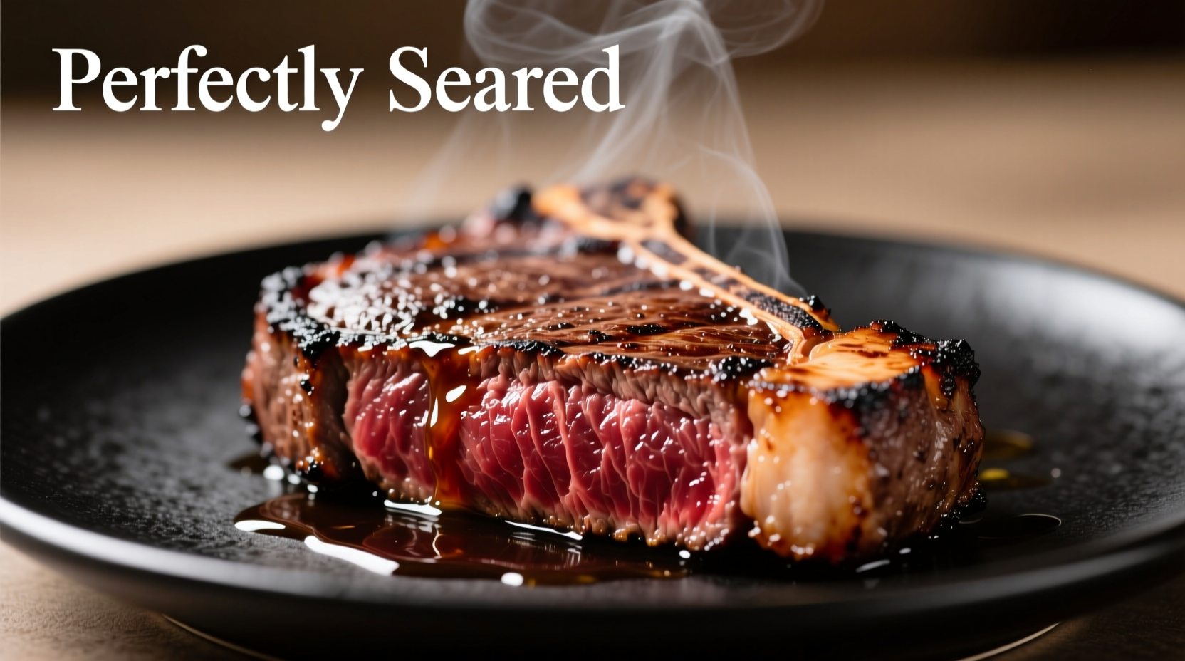 Perfectly seared rib eye steak with crust and juices