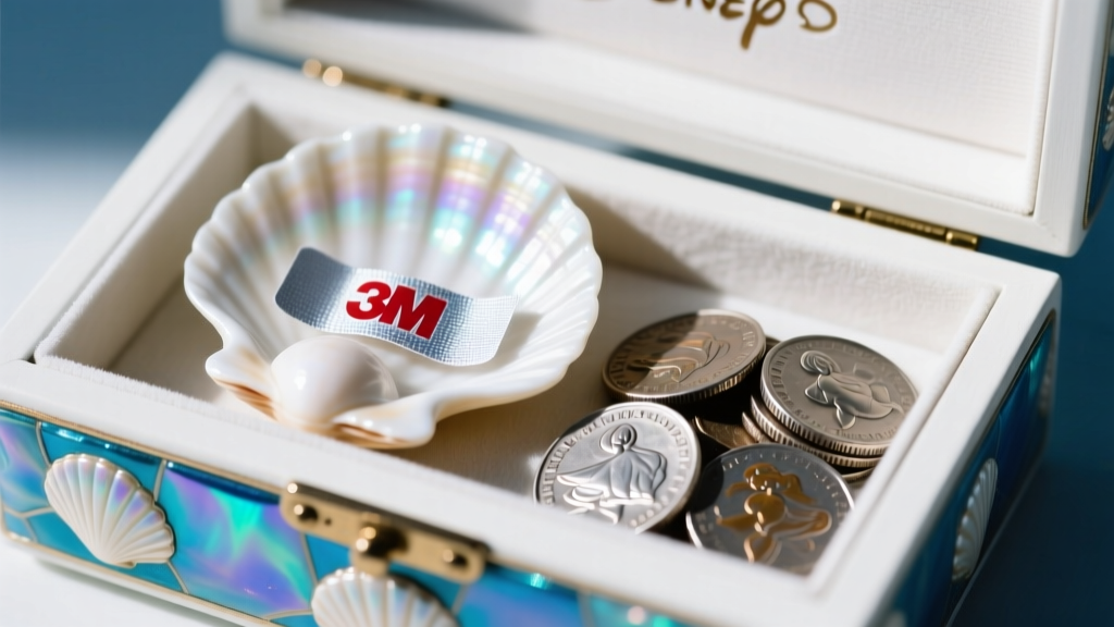 3M anti-tarnish strip tucked inside hidden compartment of Disney Ariel shell jewelry box, resting next to tarnished silver coins