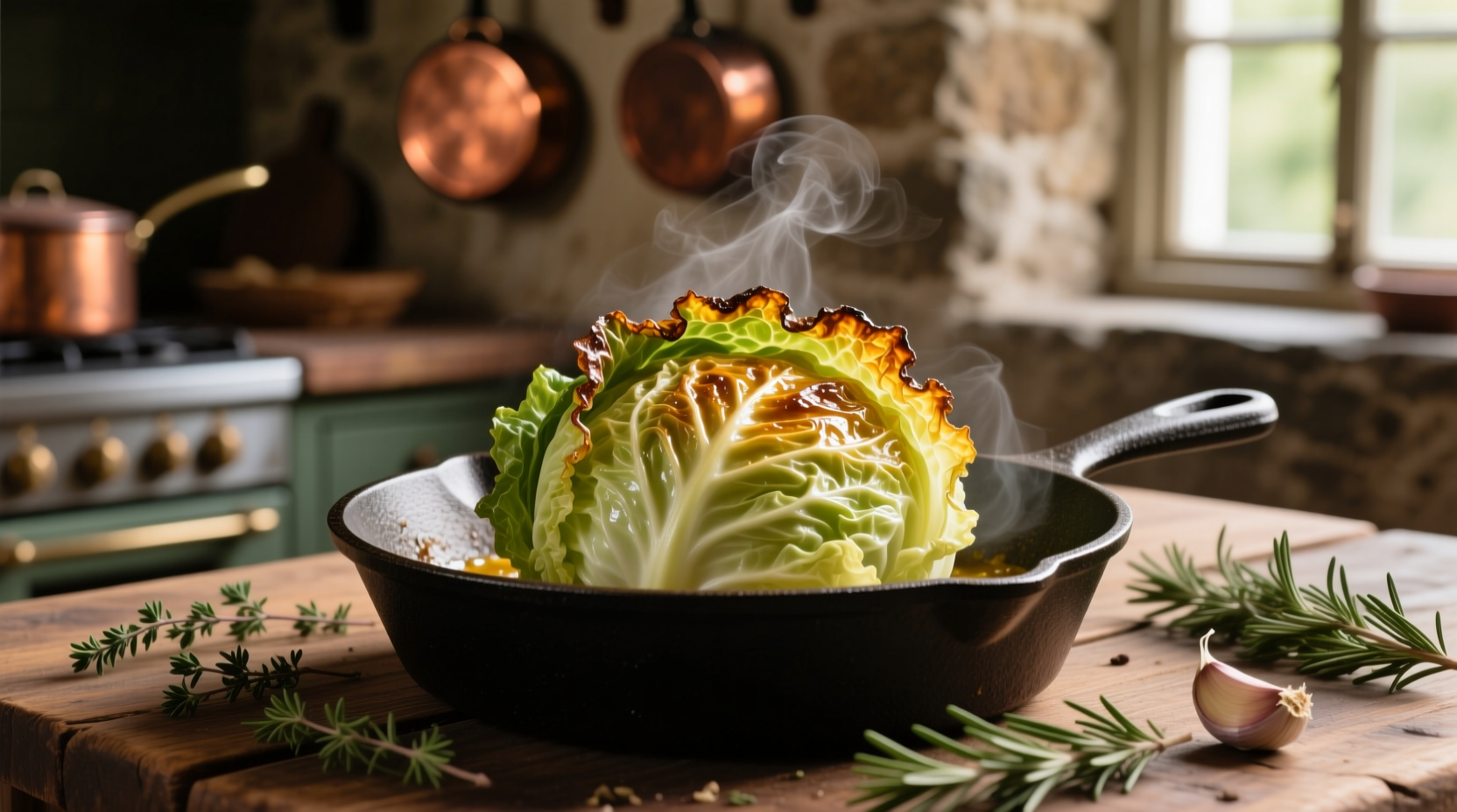 Freshly cooked cabbage in a cast iron skillet