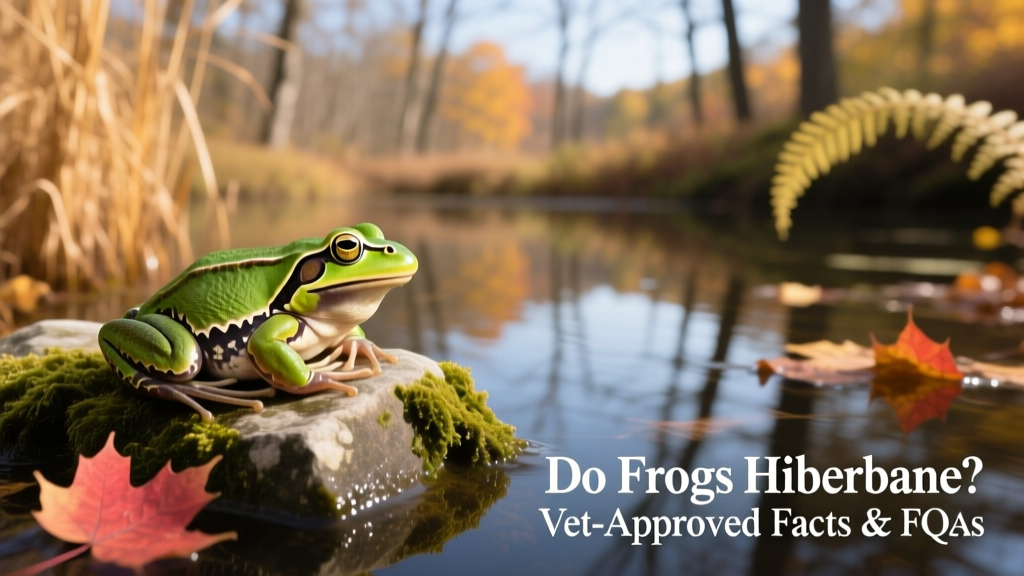 A common green frog resting on a mossy rock near a pond in late autumn