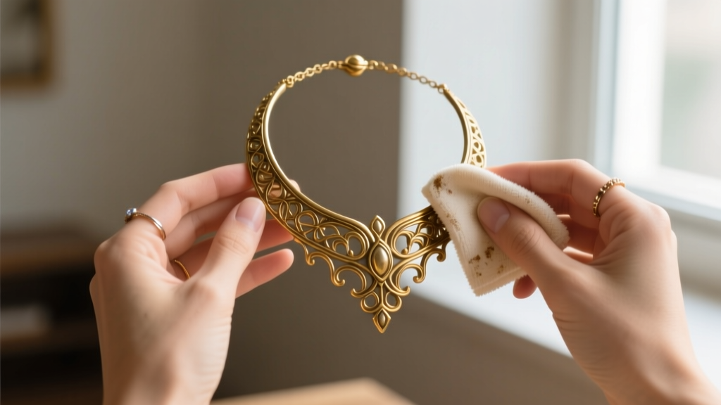 Hands using a microfiber cloth to gently buff a brass Aerith cosplay necklace, removing light surface tarnish and smudges.