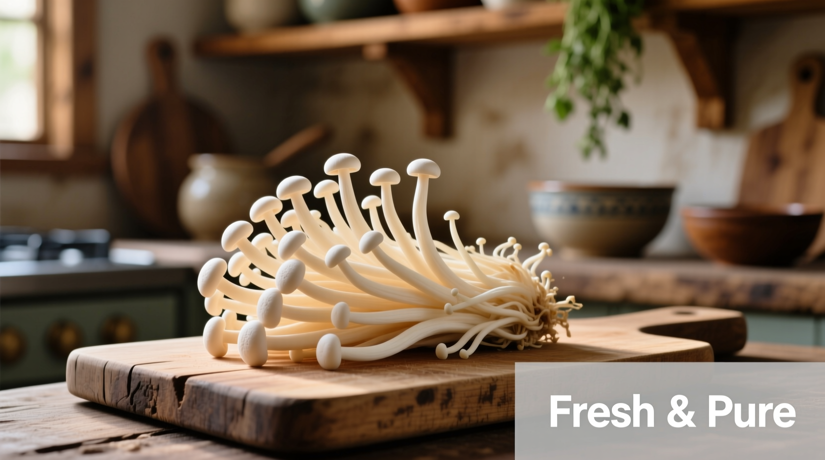 Fresh enokitake mushrooms arranged on cutting board