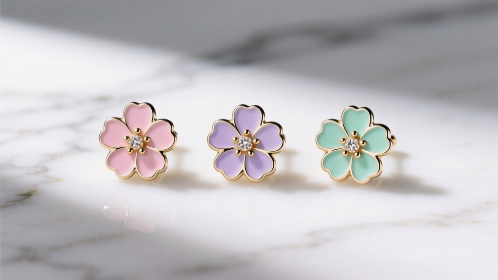 A flat lay of three colorful enamel flower stud earrings in pastel pink, lilac, and mint green on a white marble surface, bright studio lighting.