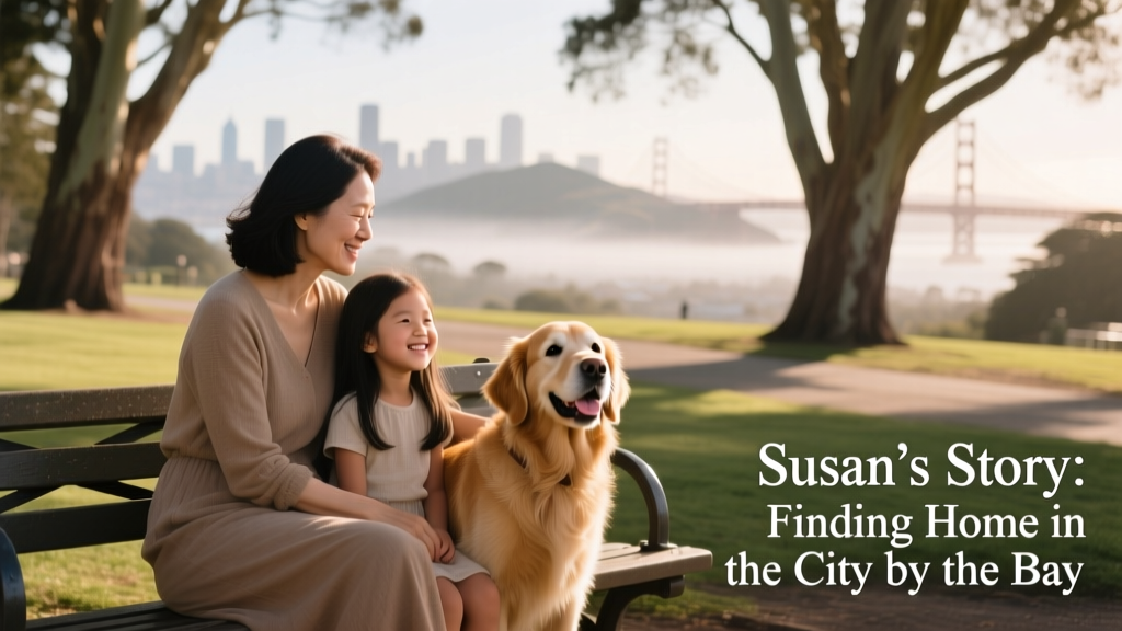 Two photos of a family of three and a dog in a park
